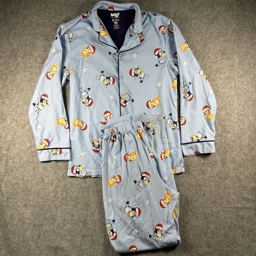 Bluey Christmas Pajama Set Small Blue Holiday Fleece Button Up Pants